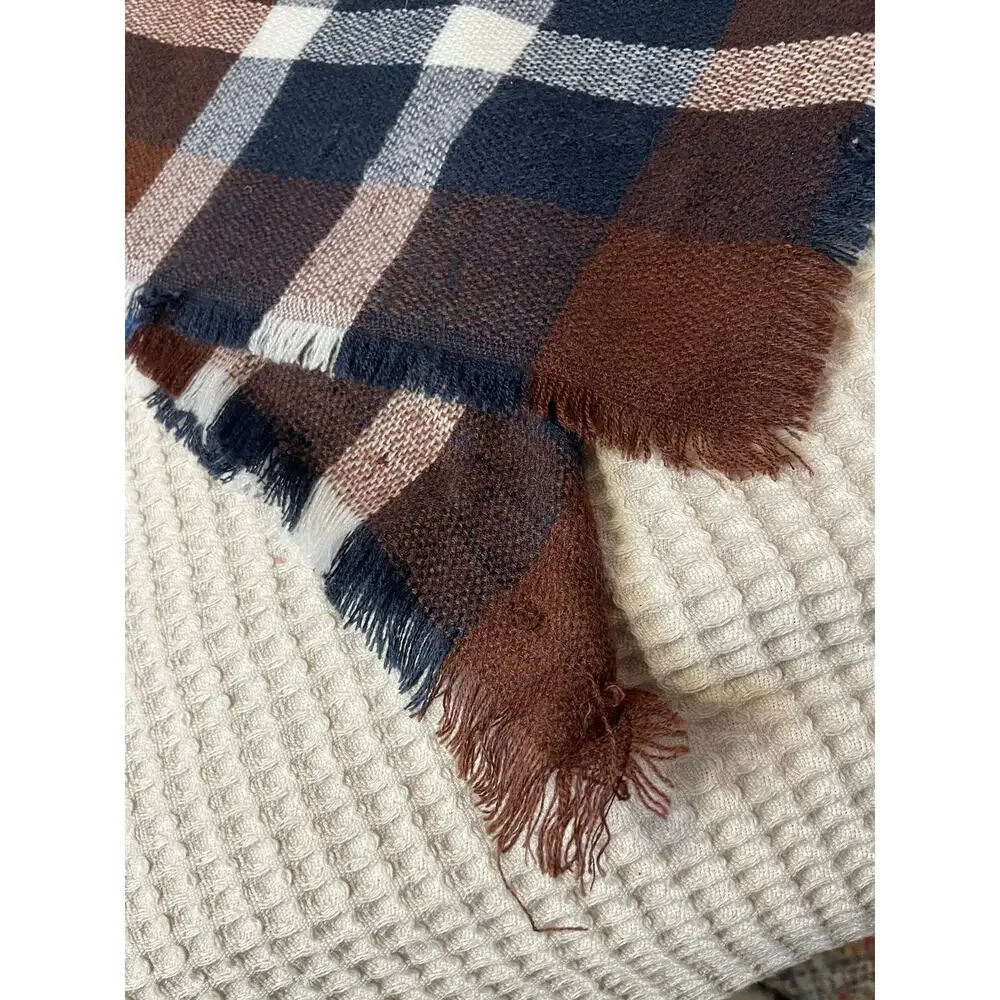 Plaid Cozy Brown & Blue Frog Loop Open Front Poncho Shawl One Size
